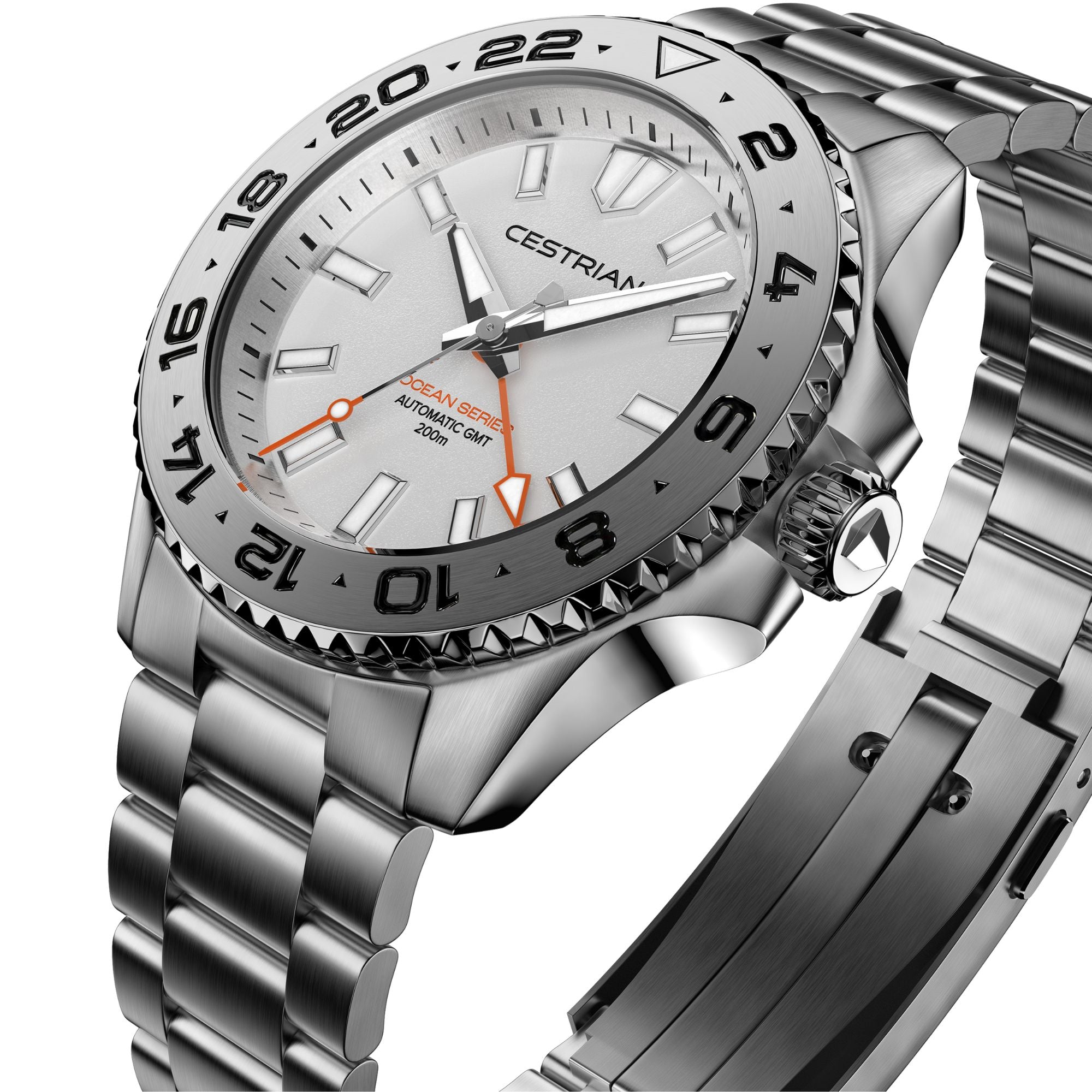 Cestrian Ocean Series Silver White Dial Steel Bracelet Automatic GMT Men's Watch