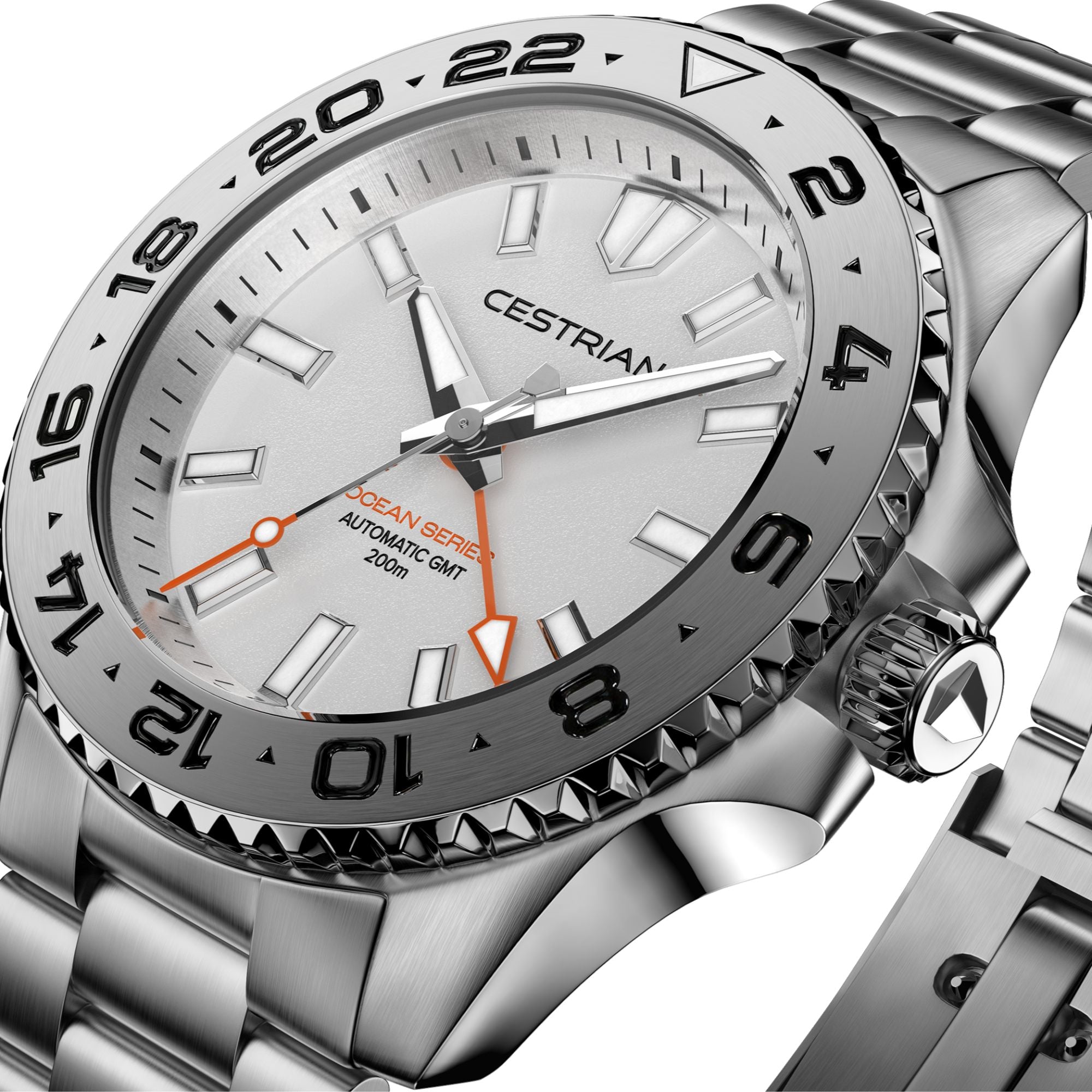 Cestrian Ocean Series Silver White Dial Steel Bracelet Automatic GMT Men's Watch
