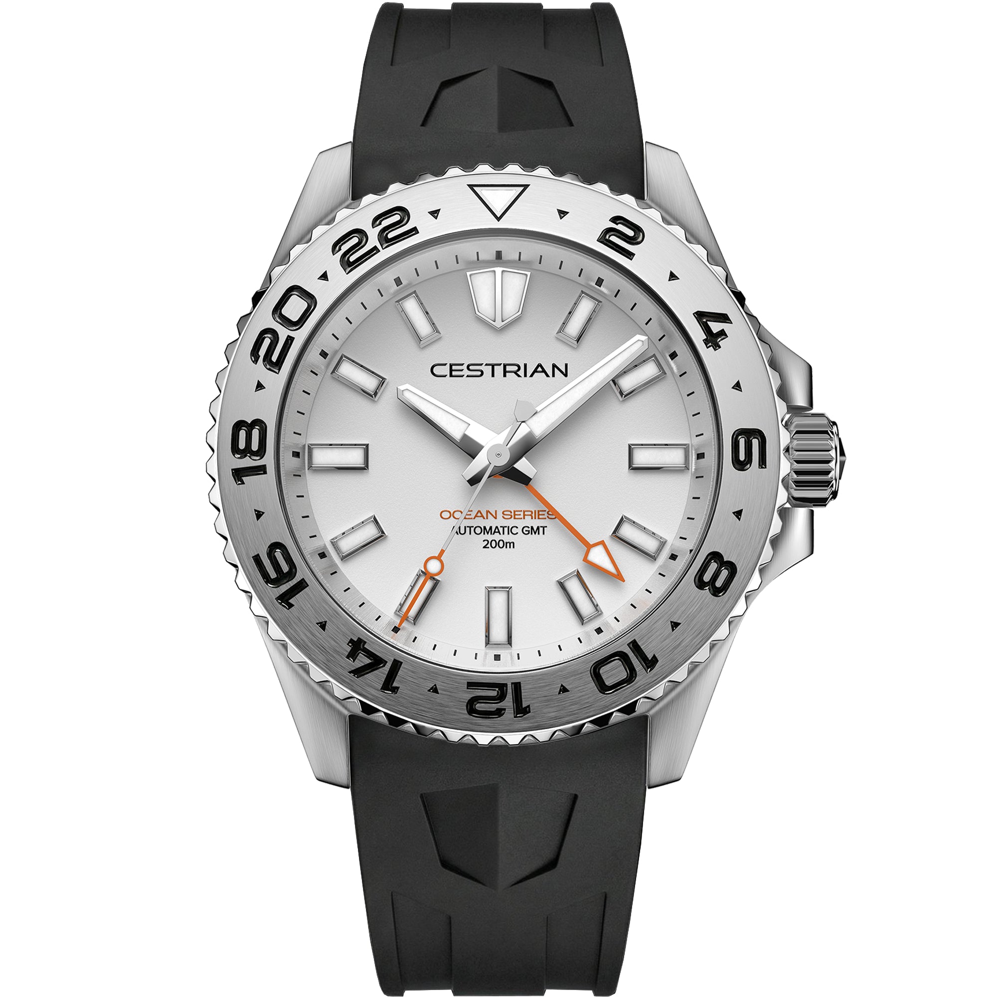 Cestrian Ocean Series Silver White Dial Silicone Strap Automatic GMT Men's Watch