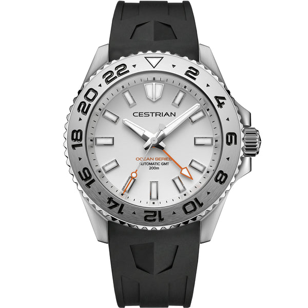 Cestrian Ocean Series Silver White Dial Silicone Strap Automatic GMT Men's Watch
