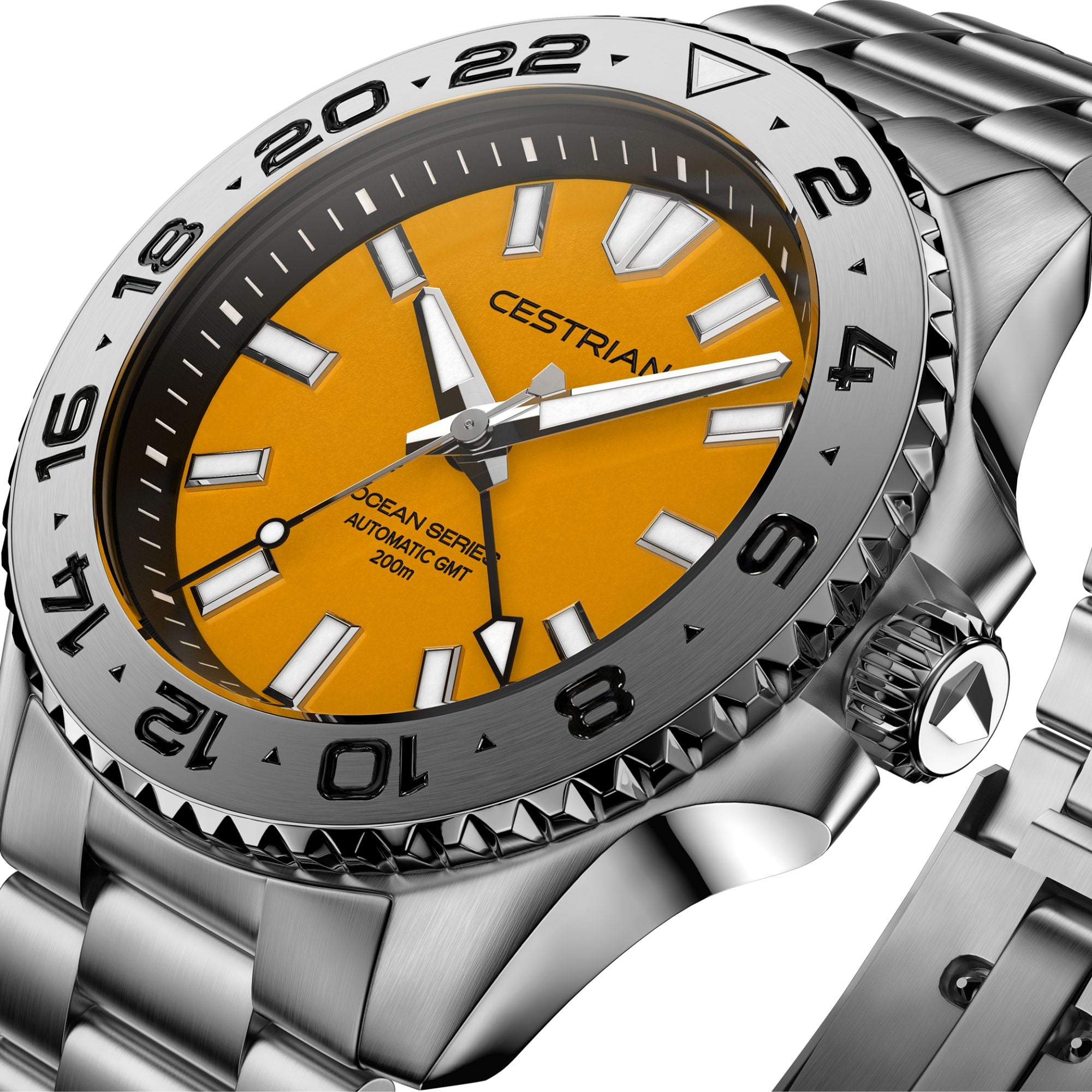 Cestrian Ocean Series Yellow Dial Steel Bracelet Automatic GMT Men's Watch